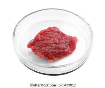 Piece Of Meat In Petri Dish On White Background