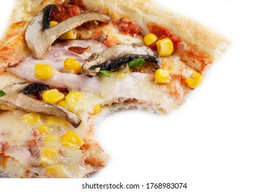 a piece of pizza bitten off isolated on white. Fast food, junk food concept. Meat, fresh. Close up.