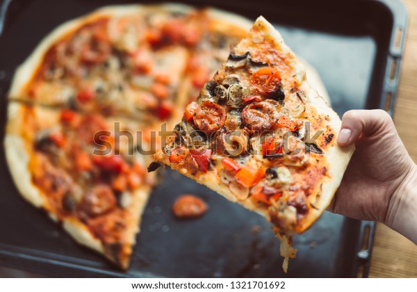 Piece Pizza Held Hands Woman Home Stock Photo Edit Now