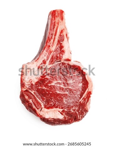 Piece of raw beef meat isolated on white, top view