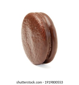 A Piece Of Round Chocolate Cake Chokopie Isolated On A White Background Side View