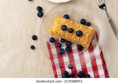 Piece Of Russian Honey Cake Medovik Served With Berries