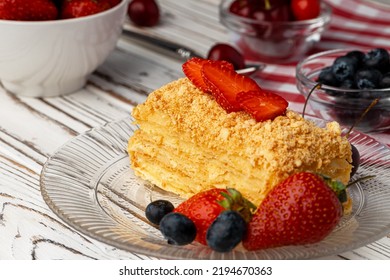 Piece Of Russian Honey Cake Medovik Served With Berries