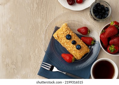 Piece Of Russian Honey Cake Medovik Served With Berries