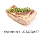 Piece of salty high-fat meat cooked with spices. Salo, bacon, lard, silverside, gammon. Garlic, spices, isolated on white background