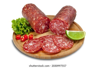 Piece of sliced salami with decoration on wooden board on white background for clipping.