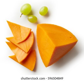 Piece And Slices Of Cheddar Cheese Isolated On White Background From Top View