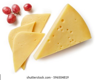 Piece and slices of cheese isolated on white background from top view