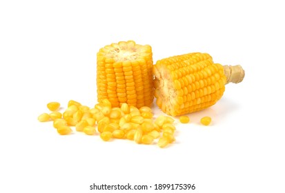 A Piece Of Sweet Corn And Seeds Isolated On A White Background