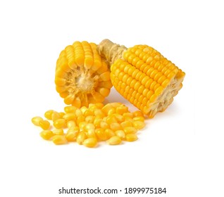 A Piece Of Sweet Corn And Seeds Isolated On A White Background. 