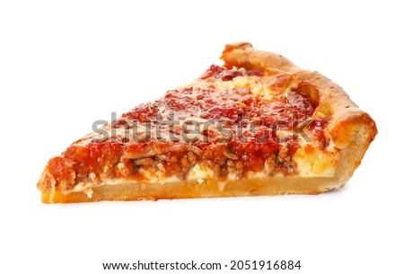 Piece of tasty Chicago-style pizza on white background Stock photo © 