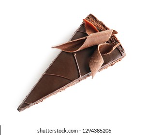 Piece Of Tasty Homemade Chocolate Cake On White Background, Top View