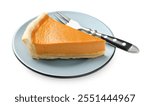 Piece of tasty homemade pumpkin pie and fork isolated on white