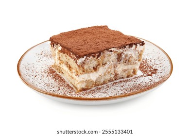 Piece of tasty tiramisu isolated on white