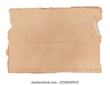 A piece of textured packaging cardboard. Piece of torn cardboard with copy space. Brown wrapping vintage paper, isolated top view. Kraft paper isolated on white background