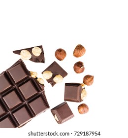 Pieces Of Bitter Dark Chocolate Cubes With Hazelnut Isolated On White Background, Top View.