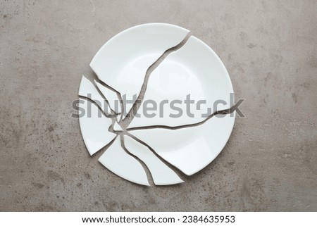 Pieces of broken ceramic plate on grey table, flat lay