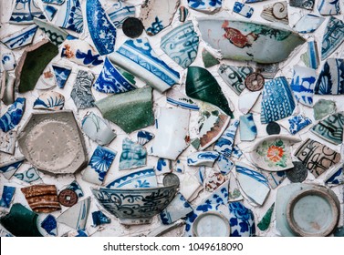 Pieces Of Broken Chinese Blue Porcelain Cups, Bowls And Dishes 