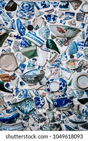 Pieces Of Broken Chinese Blue Porcelain Cups, Bowls And Dishes 