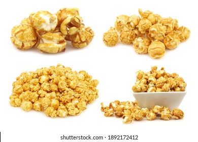 pieces of caramel  popcorn and some in a  bowl on a white background