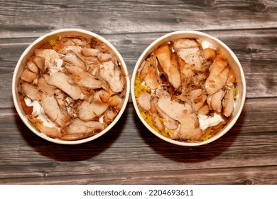 Pieces Of Chicken Shawarma With Yellow Basmati Rice, Syrian Bread And Garlic Sauce, Selective Focus Of Shawerma Fattah Or Fatteh, Syrian Fast Food Cuisine Isolated On Wooden Background