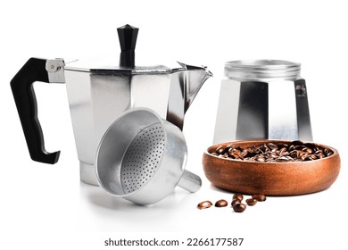pieces of classic geyser coffeemaker and grain coffee closeup isolated on white background.
