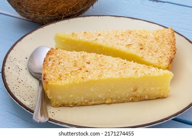 Pieces Of Coconut Flan On A Plate