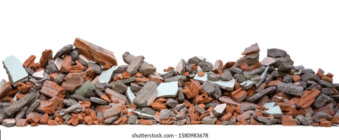 Pieces of concrete and brick rubble debris on building in civil war isolated on white background