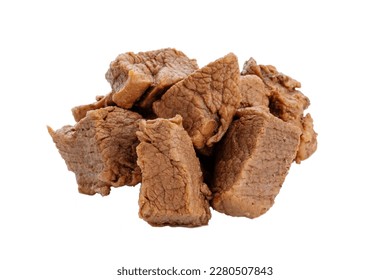 Pieces of cooked beef meat are isolated on a white background. 