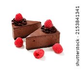 Pieces of Creamy dark chocolate cheesecake with chocolate Oreo biscuits and raspberries. isolated on white background
