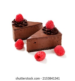 Pieces of Creamy dark chocolate cheesecake with chocolate Oreo biscuits and raspberries. isolated on white background - Shutterstock ID 2153841341