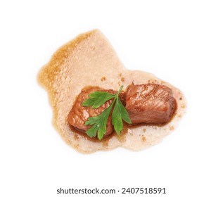 Pieces of delicious cooked beef and parsley isolated on white, top view. Tasty goulash