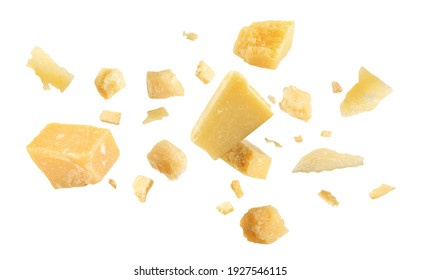 Pieces of delicious parmesan cheese flying on white background - Shutterstock ID 1927546115