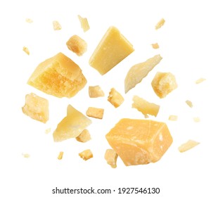Pieces of delicious parmesan cheese flying on white background - Shutterstock ID 1927546130