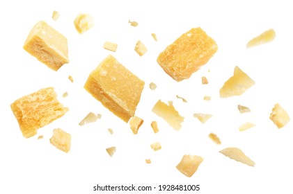 Pieces of delicious parmesan cheese flying on white background - Shutterstock ID 1928481005