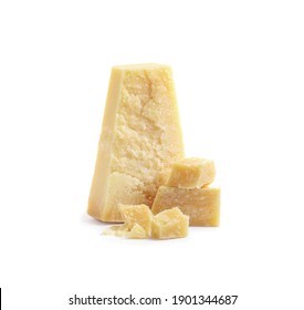 Pieces of delicious parmesan cheese on white background - Shutterstock ID 1901344687