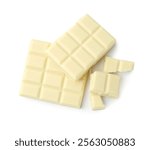 Pieces of delicious white chocolate isolated on white, top view