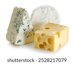 pieces of different cheese isolated on white background