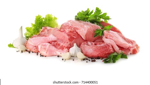 Pieces Of Different Fresh Meat, Isolated On White