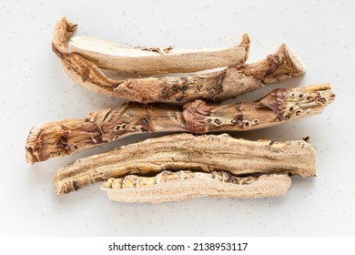 pieces of dried Sweet flag (calamus) root close up on gray plate