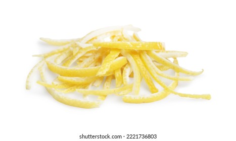 Pieces Of Fresh Lemon Peel On White Background. Citrus Zest