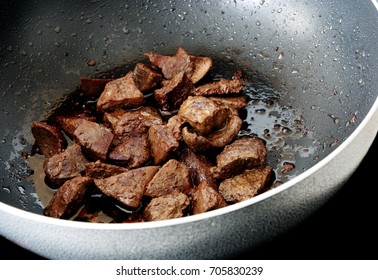 Pieces Of Fried Beef Liver In Frying Pan