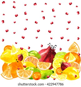 Pieces of fruit, citrus, berries watercolor on an isolated white background. Use for design, cards, decorations