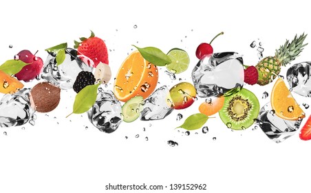 Pieces Of Fruit With Ice Cubes, Isolated On White Background