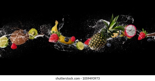 Pieces Of Fruit With Mint Leaves And Ice Cubes, Falling In Water Splash, Isolated On Black Background. Very High Resolution Image