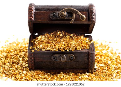 Pieces Of Gold In A Treasure Chest Isolated On A White Background