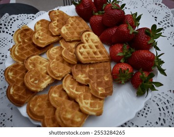 Pieces of heart-shaped waffles and strawberries on a white plate and colourful table. - Powered by Shutterstock