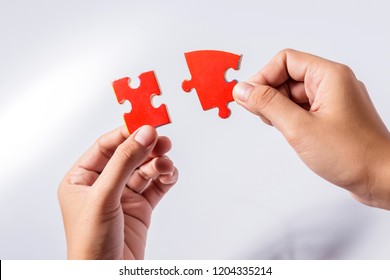 Pieces of jigsaw puzzle in woman's hands - Shutterstock ID 1204335214