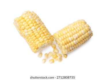 Pieces and kernels of raw corncob isolated on white, top view