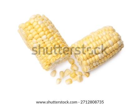 Pieces and kernels of raw corncob isolated on white, top view